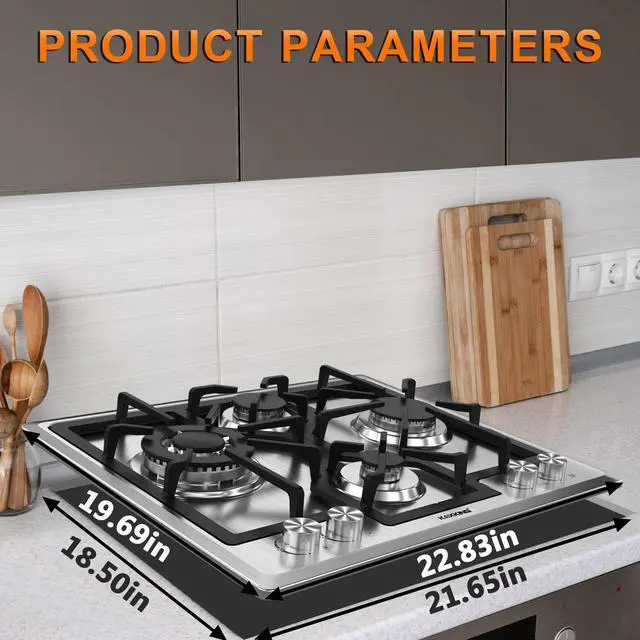 Alt view image 5 of 6 - 24 Inch Gas Cooktop, Built-In 4 Burner Gas Stove Top, NG/LPG Convertible Stainless Steel Cooktop with Thermocouple Protection, Sealed Burners