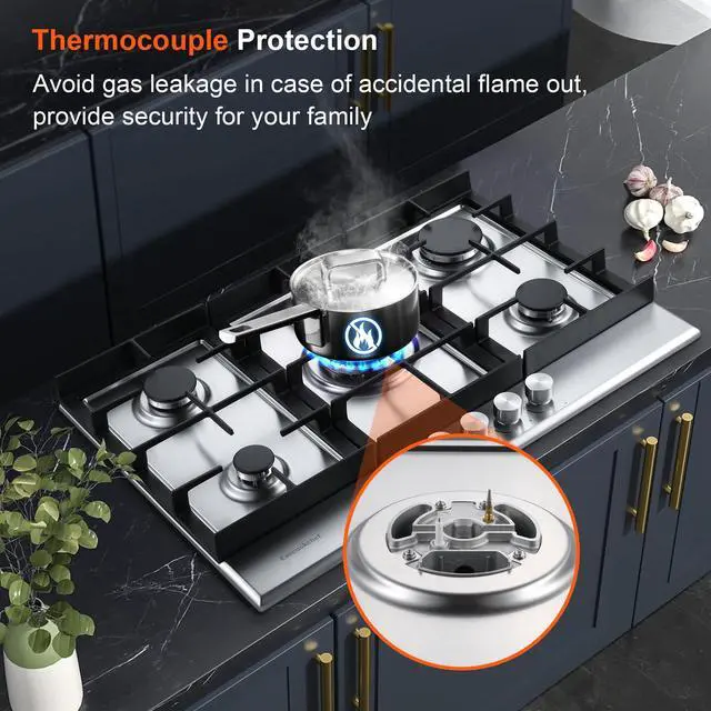 Alt view image 4 of 7 - 30 inch Gas Cooktop, Gas Stove Top with 5 High Efficiency Burners, Built-in Stainless Steel Propane Cooktop for Kitchen, NG/LPG Convertible Stovetop, Thermocouple Protection