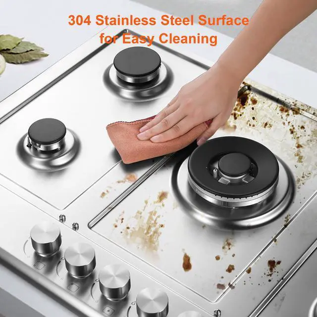 Alt view image 5 of 7 - 30 inch Gas Cooktop, Gas Stove Top with 5 High Efficiency Burners, Built-in Stainless Steel Propane Cooktop for Kitchen, NG/LPG Convertible Stovetop, Thermocouple Protection