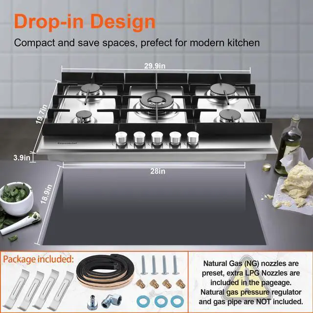 Alt view image 6 of 7 - 30 inch Gas Cooktop, Gas Stove Top with 5 High Efficiency Burners, Built-in Stainless Steel Propane Cooktop for Kitchen, NG/LPG Convertible Stovetop, Thermocouple Protection