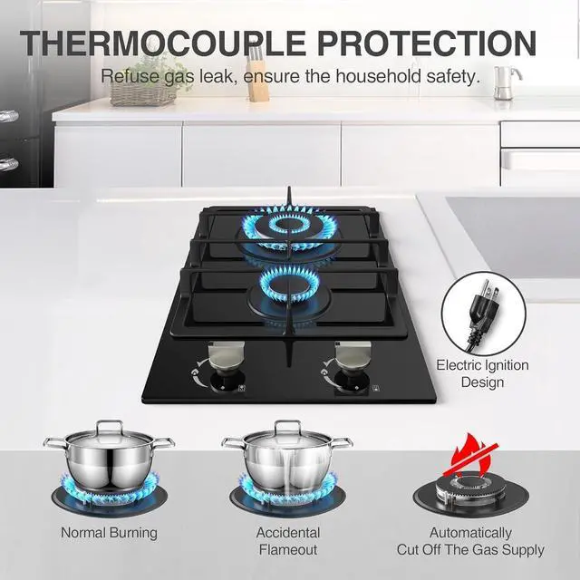 Alt view image 3 of 7 - Gas Stove 2 Burner Propane Cooktop 12 inch, Tempered Glass Portable Gas Cooktop Stove Burner with Thermocouple Protection, Lpg/Ng Dual Fuel Built-in Hob for Apartments, Small Kitchen