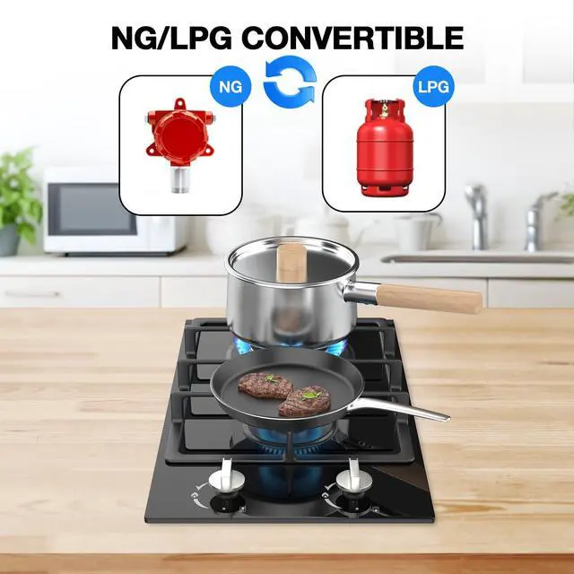 Alt view image 5 of 7 - Gas Stove 2 Burner Propane Cooktop 12 inch, Tempered Glass Portable Gas Cooktop Stove Burner with Thermocouple Protection, Lpg/Ng Dual Fuel Built-in Hob for Apartments, Small Kitchen