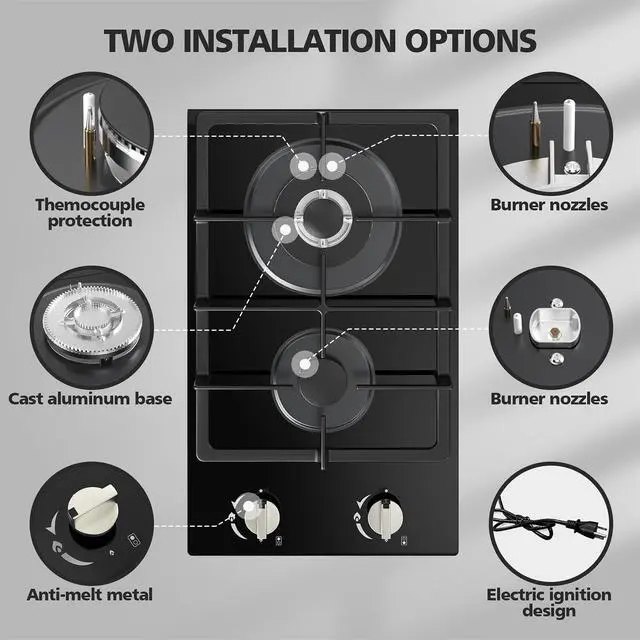 Alt view image 6 of 7 - Gas Stove 2 Burner Propane Cooktop 12 inch, Tempered Glass Portable Gas Cooktop Stove Burner with Thermocouple Protection, Lpg/Ng Dual Fuel Built-in Hob for Apartments, Small Kitchen