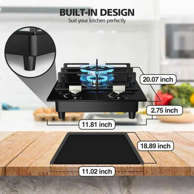 Alt view image 2 of 7 - Gas Stove 2 Burner Propane Cooktop 12 inch, Tempered Glass Portable Gas Cooktop Stove Burner with Thermocouple Protection, Lpg/Ng Dual Fuel Built-in Hob for Apartments, Small Kitchen