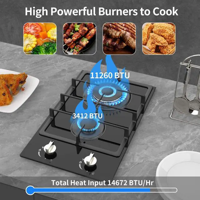 Alt view image 4 of 7 - Gas Stove 2 Burner Propane Cooktop 12 inch, Tempered Glass Portable Gas Cooktop Stove Burner with Thermocouple Protection, Lpg/Ng Dual Fuel Built-in Hob for Apartments, Small Kitchen