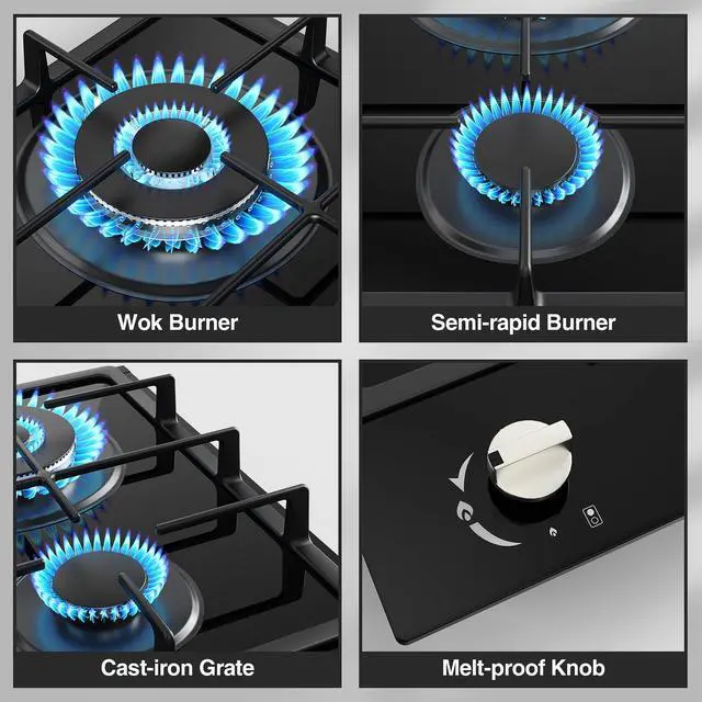 Alt view image 7 of 7 - Gas Stove 2 Burner Propane Cooktop 12 inch, Tempered Glass Portable Gas Cooktop Stove Burner with Thermocouple Protection, Lpg/Ng Dual Fuel Built-in Hob for Apartments, Small Kitchen