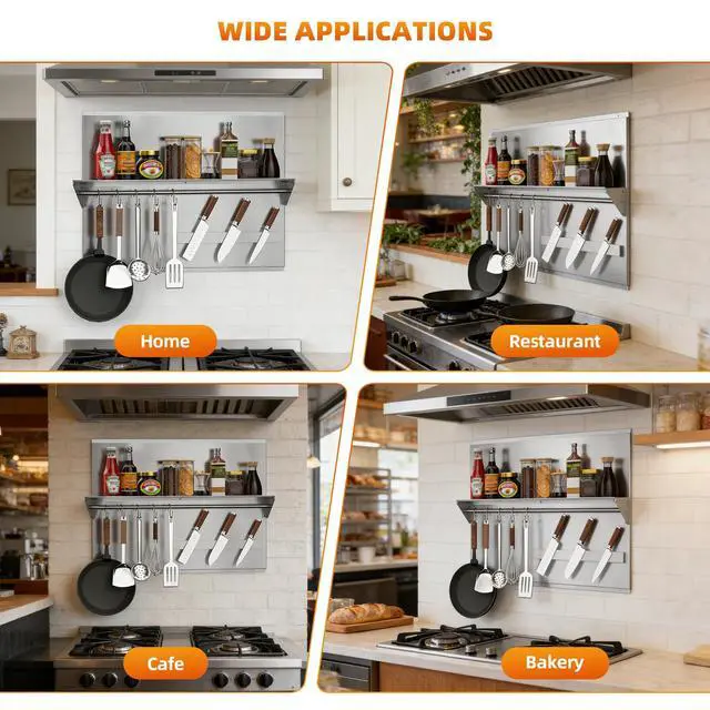 Alt view image 3 of 7 - 30"x24" Stainless Steel Range Backsplash, Stove Backsplash With Storage Shelf & Magnetic Knife Rack, Stainless Steel Backsplash For Stove, Range Hood Wall Shield With Pre-Drilled Holes