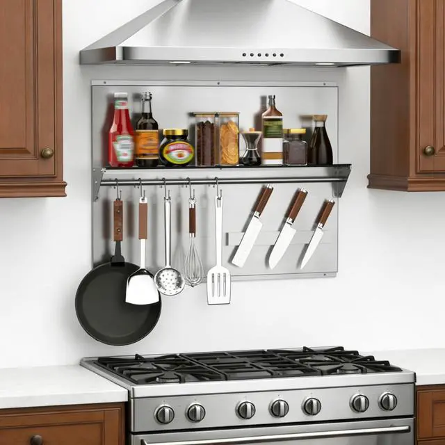 Alt view image 7 of 7 - 30"x24" Stainless Steel Range Backsplash, Stove Backsplash With Storage Shelf & Magnetic Knife Rack, Stainless Steel Backsplash For Stove, Range Hood Wall Shield With Pre-Drilled Holes
