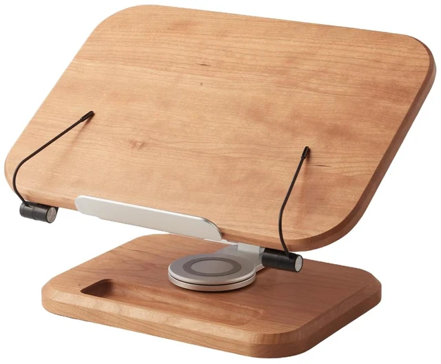 Main image of Book Stand for Reading, Adjustable Book Holder with 360° Swivel Base&Page Clips, Foldable Desktop Stand for Cookbook, Fits All Books (Cherry Wood, Wood Base)