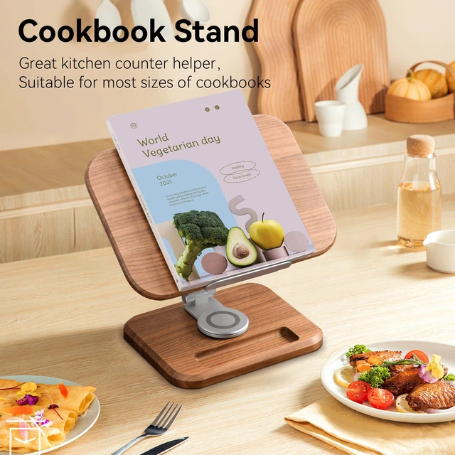 Alt view image 2 of 6 - Book Stand for Reading, Adjustable Book Holder with 360° Swivel Base&Page Clips, Foldable Desktop Stand for Cookbook, Fits All Books (Cherry Wood, Wood Base)