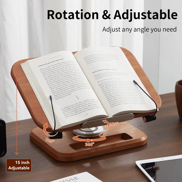 Alt view image 4 of 6 - Book Stand for Reading, Adjustable Book Holder with 360° Swivel Base&Page Clips, Foldable Desktop Stand for Cookbook, Fits All Books (Cherry Wood, Wood Base)