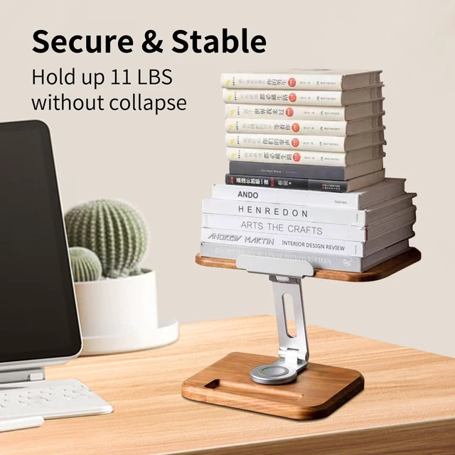 Alt view image 5 of 6 - Book Stand for Reading, Adjustable Book Holder with 360° Swivel Base&Page Clips, Foldable Desktop Stand for Cookbook, Fits All Books (Cherry Wood, Wood Base)