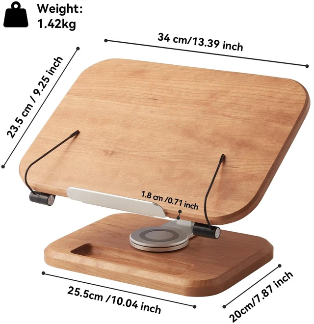 Alt view image 6 of 6 - Book Stand for Reading, Adjustable Book Holder with 360° Swivel Base&Page Clips, Foldable Desktop Stand for Cookbook, Fits All Books (Cherry Wood, Wood Base)