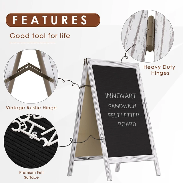 Alt view image 5 of 7 - A-Frame Sidewalk Sign 36" x 20", Double-Sided Felt Sandwich Letter Board with Changeable Letters, Letter Board Sign with Stand for Restaurant, Retail, Church, Wedding, Outdoor Event, White