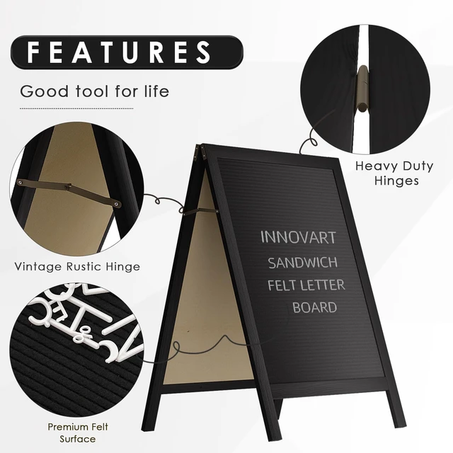 Alt view image 5 of 7 - A-Frame Sidewalk Sign 40" x 26", Double-Sided Felt Sandwich Letter Board with Changeable Letters, Letter Board Sign with Stand for Restaurant, Retail, Church, Wedding, Outdoor Event, Black