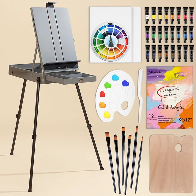 Main image of 37 Pcs Acrylic Painting Set with French Easel, Gray Professional Artist Easel Kit with Canvas, Paintbrush, Paints Suitable for Adults, Artists and Beginners
