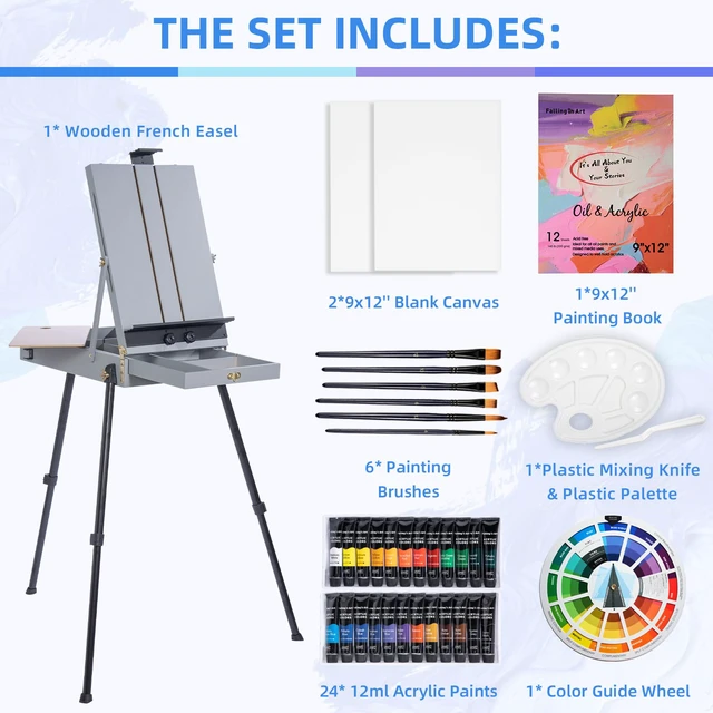 Alt view image 2 of 6 - 37 Pcs Acrylic Painting Set with French Easel, Gray Professional Artist Easel Kit with Canvas, Paintbrush, Paints Suitable for Adults, Artists and Beginners
