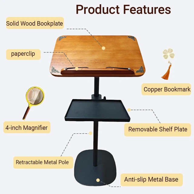 Alt view image 2 of 5 - Quran Prayer Stand Adjustable height/angle protects neck/back, storage tray, magnifier & clips, compact, foldable, tool-free