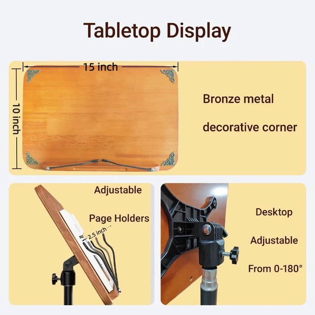 Alt view image 3 of 5 - Quran Prayer Stand Adjustable height/angle protects neck/back, storage tray, magnifier & clips, compact, foldable, tool-free