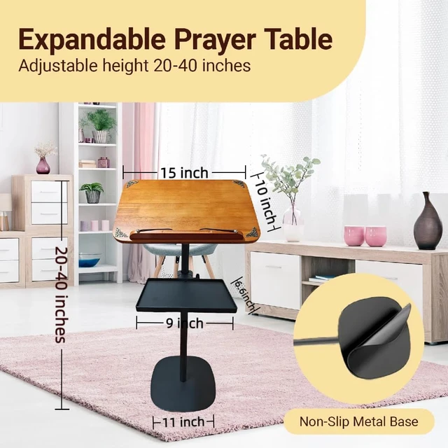 Alt view image 5 of 5 - Quran Prayer Stand Adjustable height/angle protects neck/back, storage tray, magnifier & clips, compact, foldable, tool-free