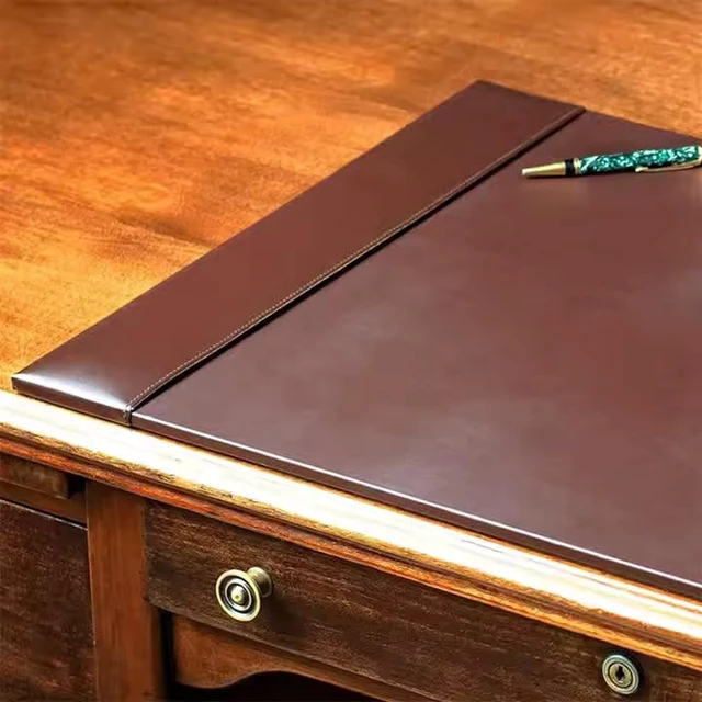 Alt view image 3 of 6 - Professional Leather Desk Mat Brown Writing Surface, Raised Edge Stitching Desk Protector, Large Leather Executive Desk Pad (30" x 18")