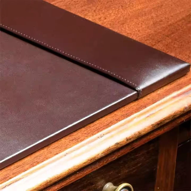 Alt view image 4 of 6 - Professional Leather Desk Mat Brown Writing Surface, Raised Edge Stitching Desk Protector, Large Leather Executive Desk Pad (30" x 18")