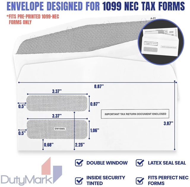 Alt view image 3 of 7 - 500 1099 NEC Tax Form Envelopes Designed for Printed 1099 NEC Forms 2025 (will not work for 2026 Nec) -Gummed Seal- Double-Window, Security Tinted Envelopes, Fits Preprinted 3 up 1099 NEC, Box of 500