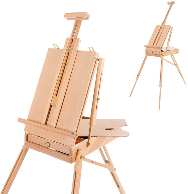 Main image of Beechwood French Easel with Sketch Box & Storage Drawer, Portable Folding Tripod Field Easel for Plein Air Painting, Adjustable Height up to 71", Holds Canvas up to 34", Natural Wood