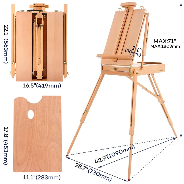 Alt view image 2 of 6 - Beechwood French Easel with Sketch Box & Storage Drawer, Portable Folding Tripod Field Easel for Plein Air Painting, Adjustable Height up to 71", Holds Canvas up to 34", Natural Wood