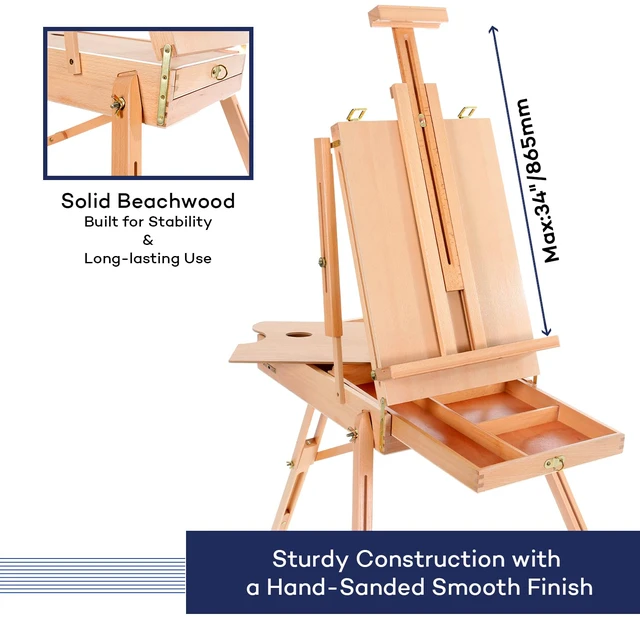 Alt view image 3 of 6 - Beechwood French Easel with Sketch Box & Storage Drawer, Portable Folding Tripod Field Easel for Plein Air Painting, Adjustable Height up to 71", Holds Canvas up to 34", Natural Wood