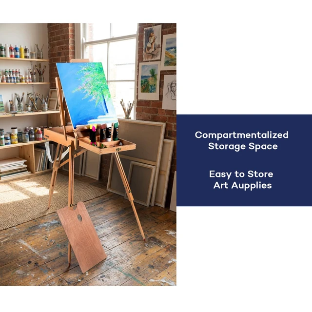 Alt view image 6 of 6 - Beechwood French Easel with Sketch Box & Storage Drawer, Portable Folding Tripod Field Easel for Plein Air Painting, Adjustable Height up to 71", Holds Canvas up to 34", Natural Wood