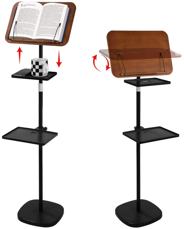 Main image of Floor Book Stand with 2 Removable Trays, Adjustable Height Wood Reading Stand for Bed or Sofa, Music Stand Book Holder for Music Sheet, Tilt and Rotate Laptop Holder, Portable Podium Stand