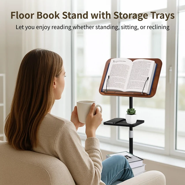 Alt view image 2 of 6 - Floor Book Stand with 2 Removable Trays, Adjustable Height Wood Reading Stand for Bed or Sofa, Music Stand Book Holder for Music Sheet, Tilt and Rotate Laptop Holder, Portable Podium Stand