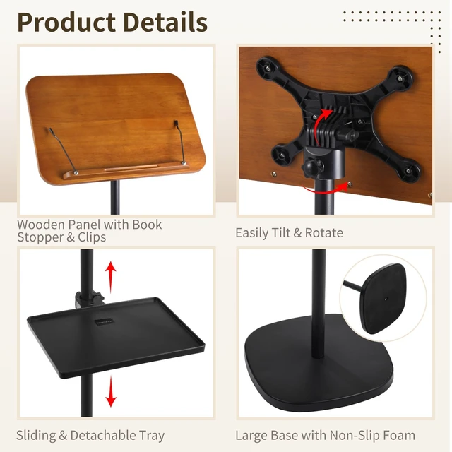 Alt view image 4 of 6 - Floor Book Stand with 2 Removable Trays, Adjustable Height Wood Reading Stand for Bed or Sofa, Music Stand Book Holder for Music Sheet, Tilt and Rotate Laptop Holder, Portable Podium Stand