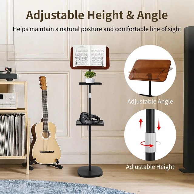 Alt view image 3 of 6 - Floor Book Stand with 2 Removable Trays, Adjustable Height Wood Reading Stand for Bed or Sofa, Music Stand Book Holder for Music Sheet, Tilt and Rotate Laptop Holder, Portable Podium Stand