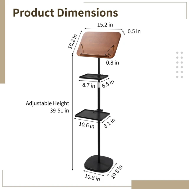 Alt view image 5 of 6 - Floor Book Stand with 2 Removable Trays, Adjustable Height Wood Reading Stand for Bed or Sofa, Music Stand Book Holder for Music Sheet, Tilt and Rotate Laptop Holder, Portable Podium Stand