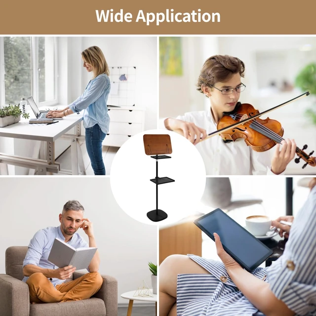 Alt view image 6 of 6 - Floor Book Stand with 2 Removable Trays, Adjustable Height Wood Reading Stand for Bed or Sofa, Music Stand Book Holder for Music Sheet, Tilt and Rotate Laptop Holder, Portable Podium Stand
