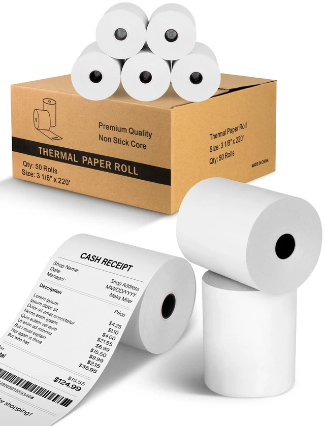 Main image of 3 1/8" x 220' Thermal Receipt Paper Rolls, 50 Pack BPA-Free BPA-free thermal receipt paper rolls, 3 1/8" x 220', 50 pack, crisp printing for POS systems and credit card terminals