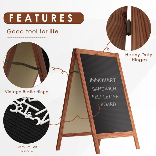 Alt view image 5 of 7 - A-Frame Sidewalk Sign 36" x 20", Double-Sided Felt Sandwich Letter Board with Changeable Letters, Letter Board Sign with Stand for Restaurant, Retail, Church, Wedding, Outdoor Event, Dark Brown