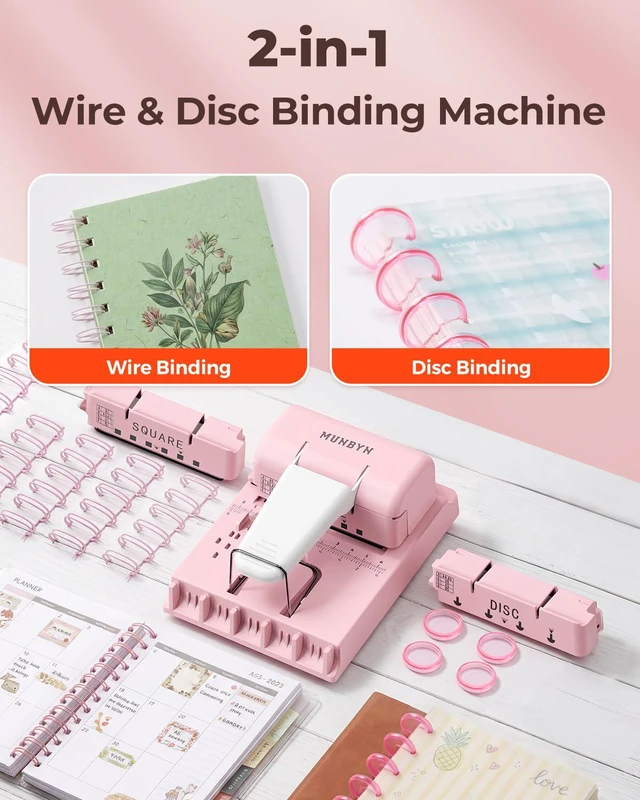 Alt view image 3 of 7 - Multi Binding Machine with 2 Detachable Heads(Disc & Square), Pink DIY Small Book Binder for Notebooks, Calendars, Albums, Journals at Home, School, Office