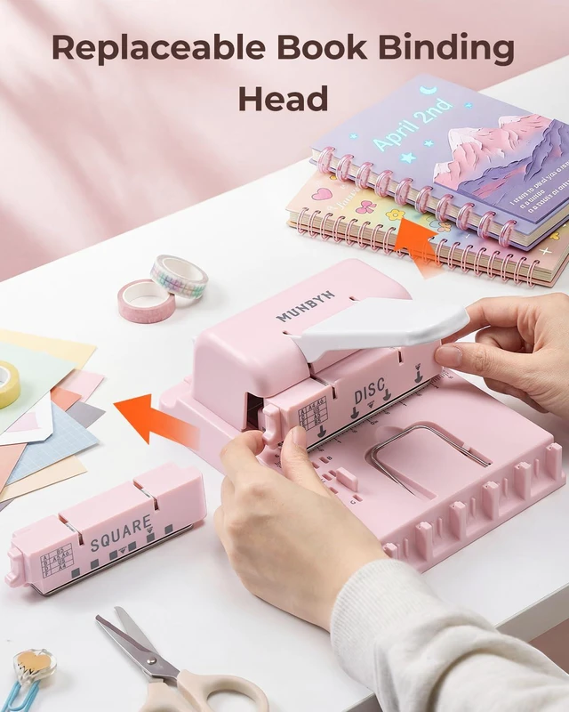 Alt view image 4 of 7 - Multi Binding Machine with 2 Detachable Heads(Disc & Square), Pink DIY Small Book Binder for Notebooks, Calendars, Albums, Journals at Home, School, Office