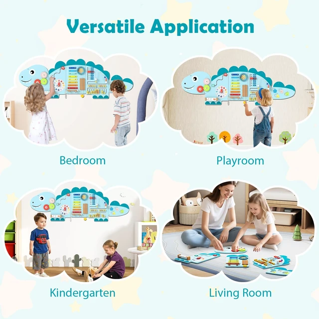 Alt view image 5 of 7 - Dinosaur Activity Wall Busy Board, 11-in-1 Interactive Montessori Wooden Sensory Wall Panel for Kids, Toddler Learning Activity Center, Ideal Furniture for Playroom, Daycare, Nursery (Blue)
