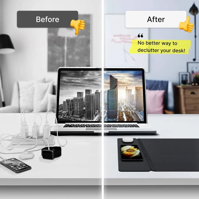Alt view image 4 of 6 - Wireless Charging Desk Pad, Large Non-Slip Reversible Felt & Vegan PU Leather Desk Mat, Waterproof, Detachable Magnetic Panel - Organize, Charge 2 Devices, Apple & Android Compatible - Black