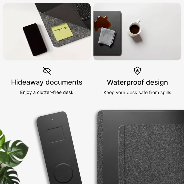 Alt view image 3 of 6 - Wireless Charging Desk Pad, Large Non-Slip Reversible Felt & Vegan PU Leather Desk Mat, Waterproof, Detachable Magnetic Panel - Organize, Charge 2 Devices, Apple & Android Compatible - Black