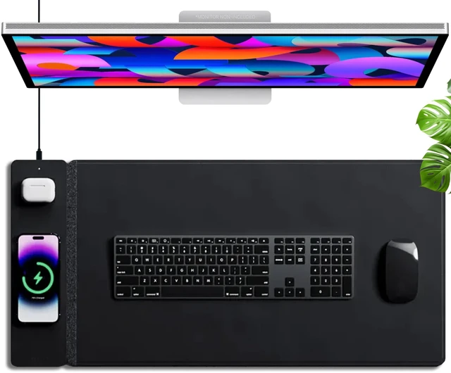 Main image of Wireless Charging Desk Pad, Large Non-Slip Reversible Felt & Vegan PU Leather Desk Mat, Waterproof, Detachable Magnetic Panel - Organize, Charge 2 Devices, Apple & Android Compatible - Black