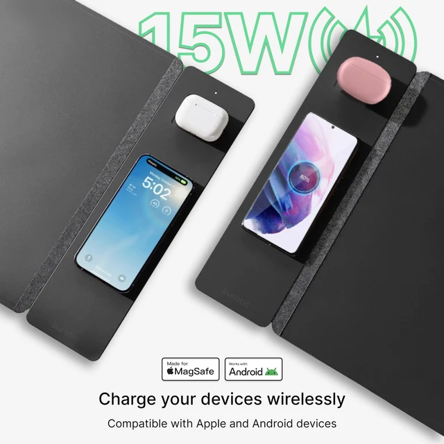 Alt view image 5 of 6 - Wireless Charging Desk Pad, Large Non-Slip Reversible Felt & Vegan PU Leather Desk Mat, Waterproof, Detachable Magnetic Panel - Organize, Charge 2 Devices, Apple & Android Compatible - Black