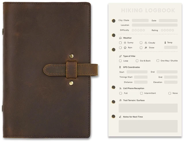 Main image of Hiking Logbook, Hiking Journal with Prompts to Write in, Compact A6 Travelers Notebook with Refillable Pages & Card Slot, Perfect Hiking Gift for Women