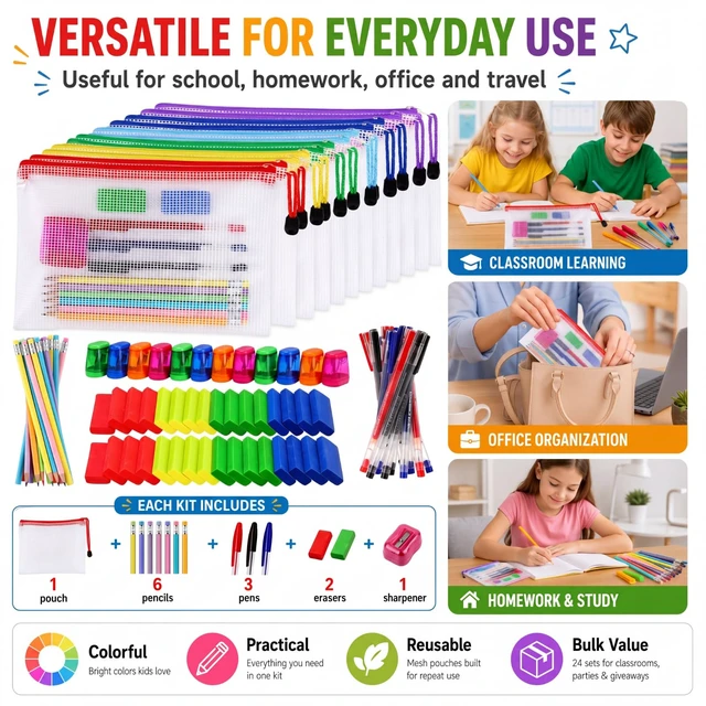 Alt view image 6 of 6 - 312 Pcs/24 Set School Supplies for Kids, Operation Christmas Bulk Back to School Supplies Kit Bundle, Mesh Zipper Pouch Pencil Eraser Sharpener Pen, Classroom Giveaways, Charity Donation