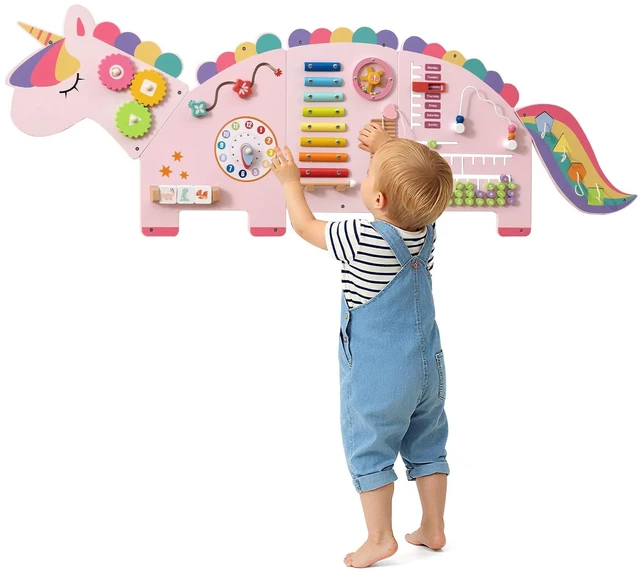 Main image of Activity Wall Busy Board, 11-in-1 Montessori Wooden Sensory Board Panels for Kids 3+, Wall-Mounted Toddler Learning Activity Center for Playroom, Daycare, Nursery, Classroom (Pink)