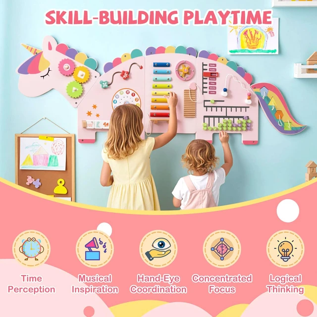 Alt view image 2 of 7 - Activity Wall Busy Board, 11-in-1 Montessori Wooden Sensory Board Panels for Kids 3+, Wall-Mounted Toddler Learning Activity Center for Playroom, Daycare, Nursery, Classroom (Pink)